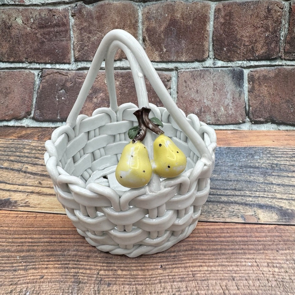 Vintage Ceramic Open Weave White Lattice Fruit Basket Pear Applique w Faux Fruit
